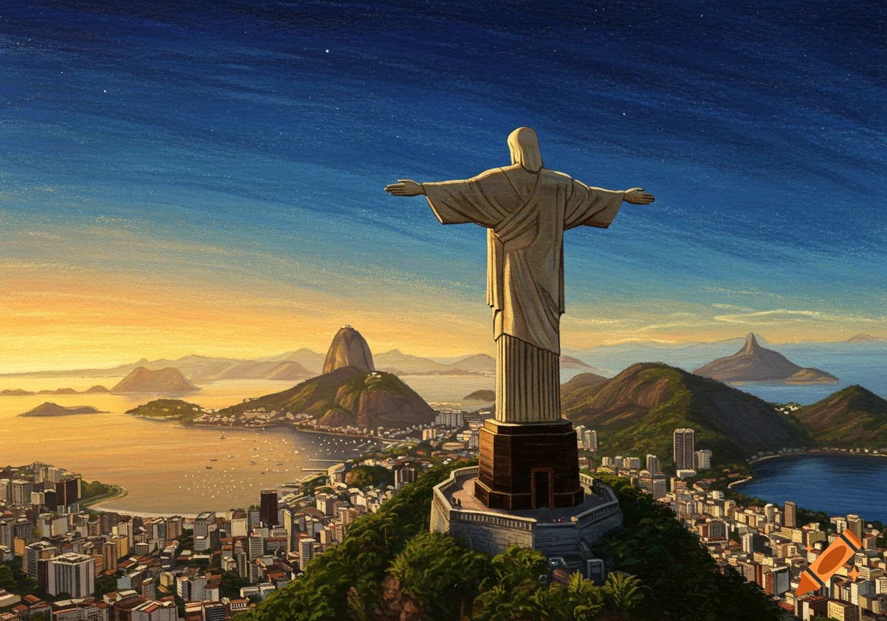 Crayon illustration of Christ the Redeemer statue overlooking Rio de Janeiro at sunset.