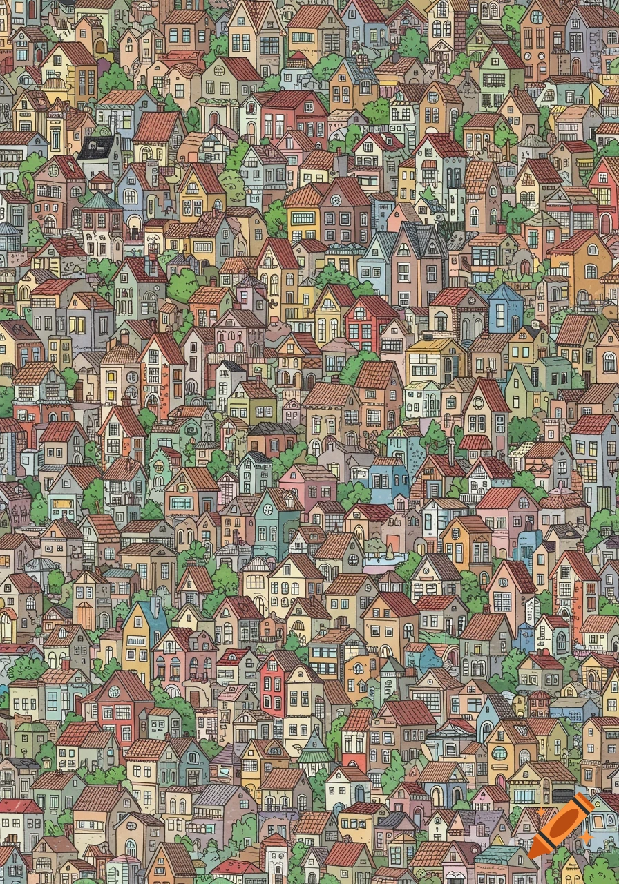 Dense, colorful illustration of many houses in a doodle style.