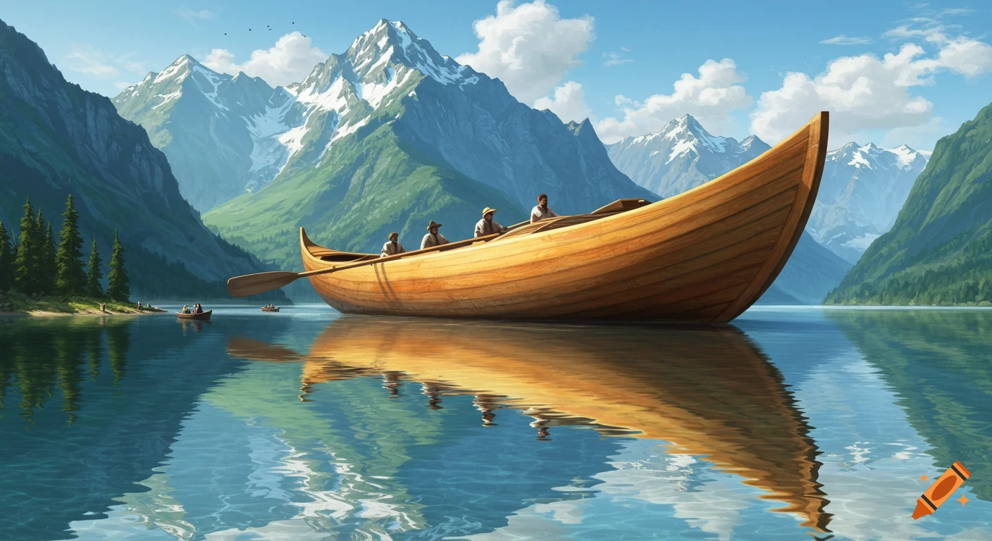 A large wooden boat on a lake with people, mountains in the background, digital art.