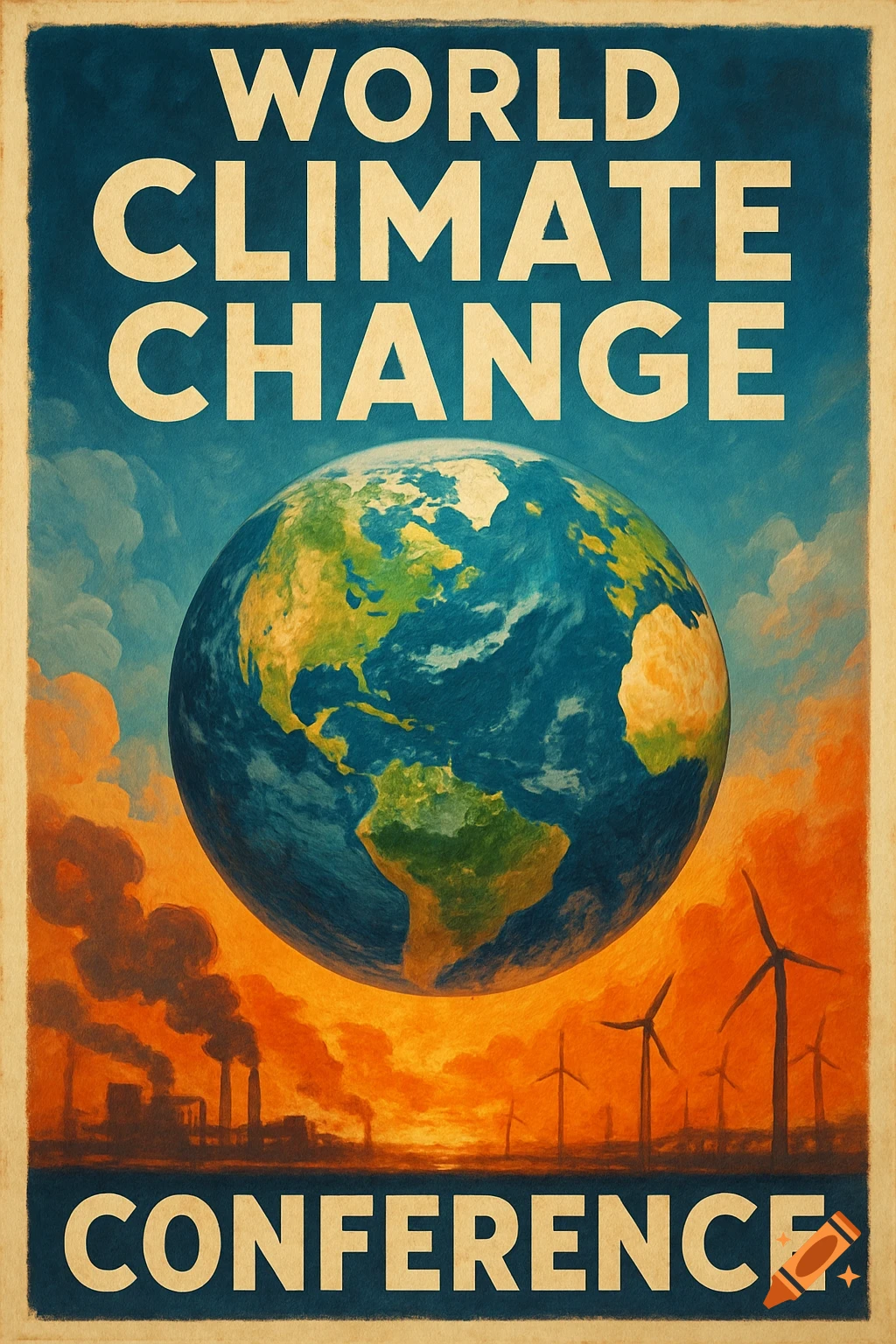 Poster for a world climate change conference, featuring the Earth, smokestacks, and wind turbines.