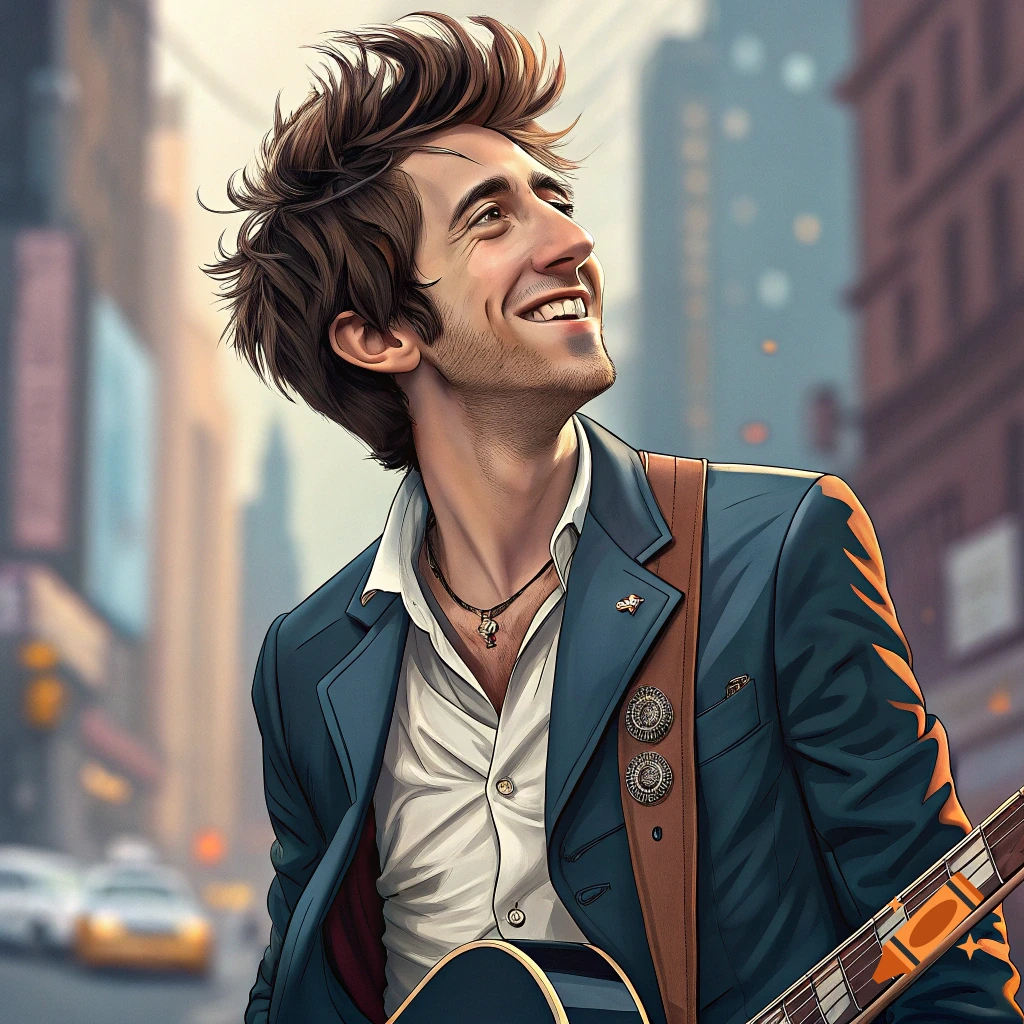 A man with messy brown hair, wearing a blue jacket and white shirt, smiles while playing a guitar on a city street.