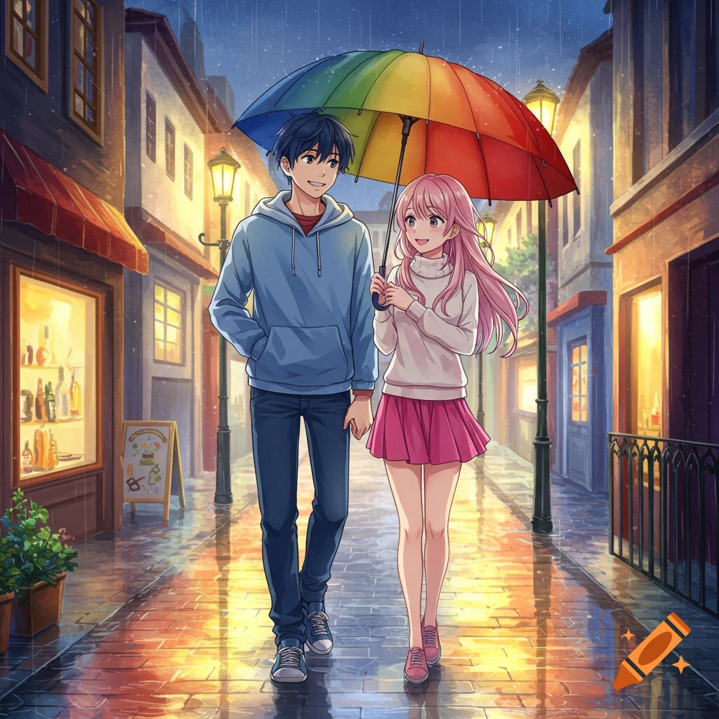 A young anime couple walks hand-in-hand down a rainy street under a rainbow umbrella.