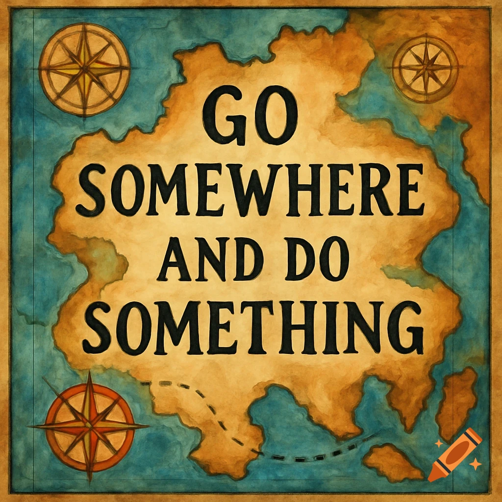 Vintage watercolor map with compass roses and the quote 'Go somewhere and do something'