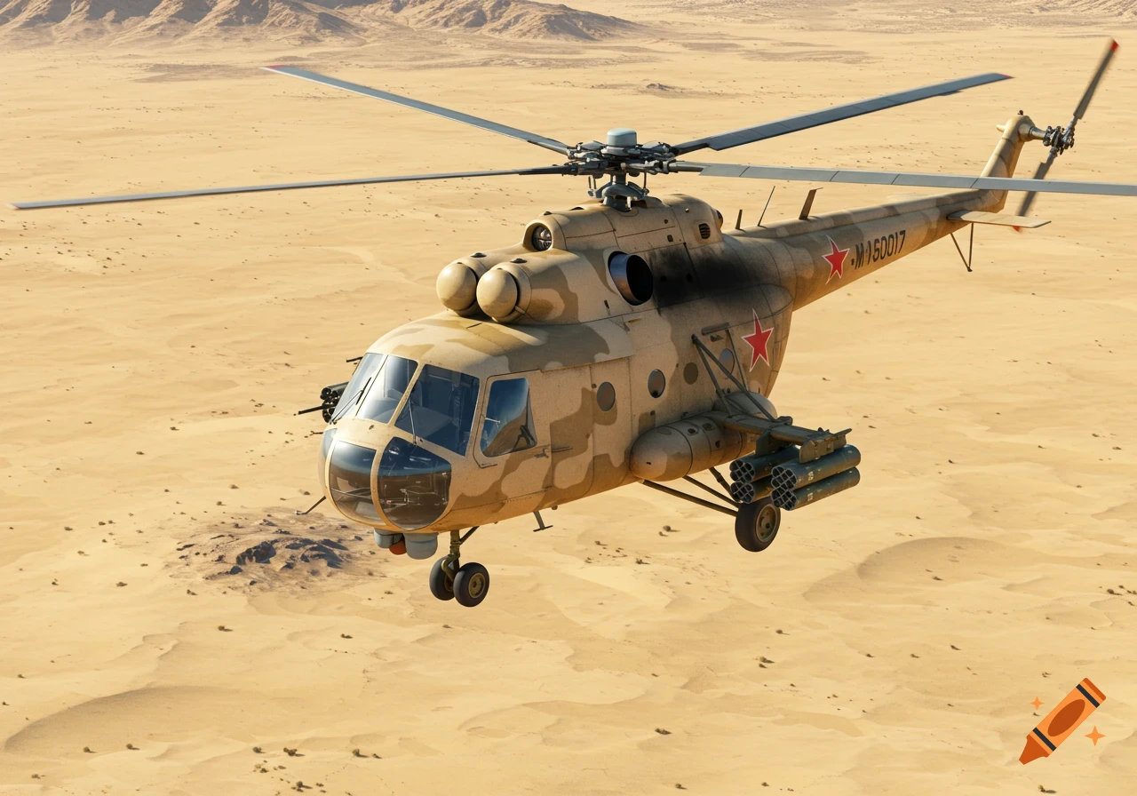 A military Mi-8 helicopter flying low over a sandy desert.