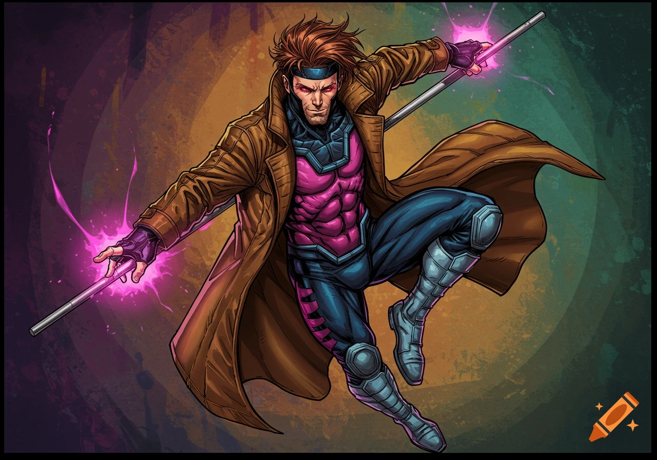 Illustration of Gambit in a dynamic pose with his staff and glowing purple energy