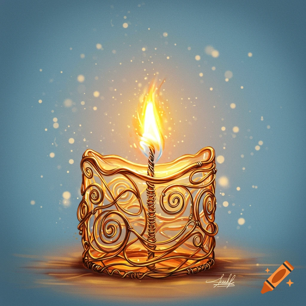 A candle shaped like an intricate gold wire art cage with a lit flame and glowing sparkles on a blue gradient background.