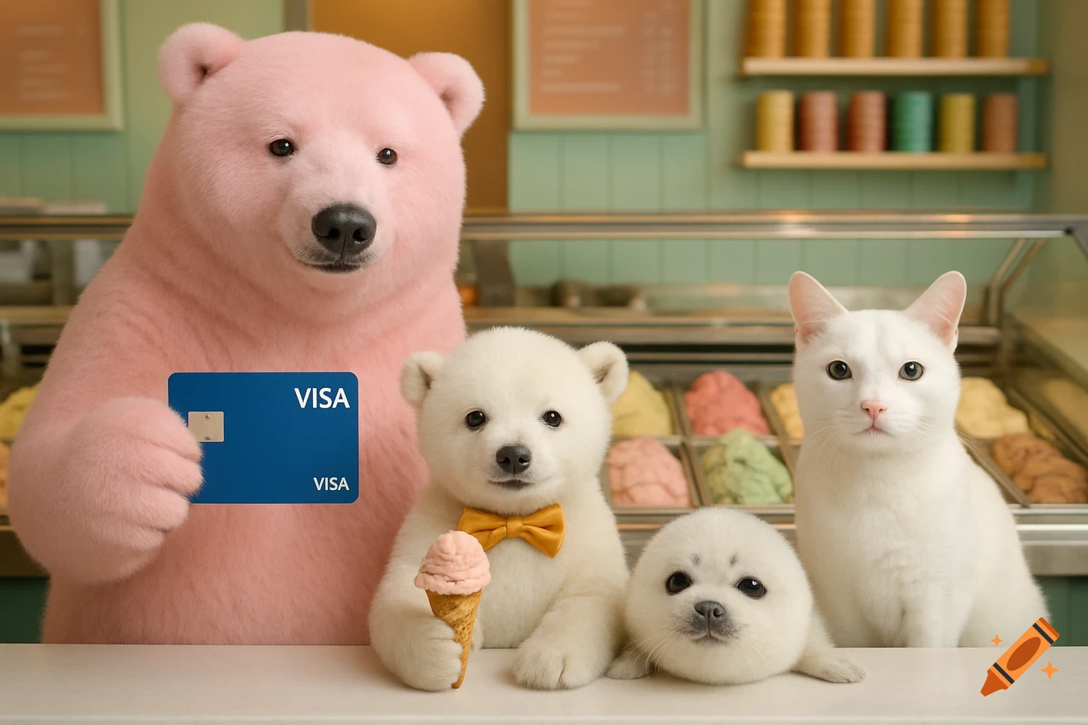 A pink polar bear holds a Visa card, a baby polar bear with a bowtie holds ice cream, a white cat, and a seal pup sit in a gelato store.