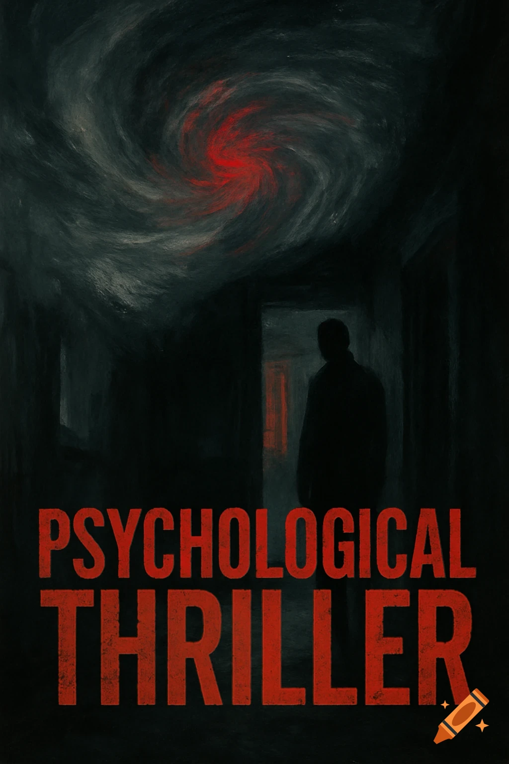 Psychological thriller movie poster with shadowy figure in dark hallway below swirling red and gray sky. Text: PSYCHOLOGICAL THRILLER