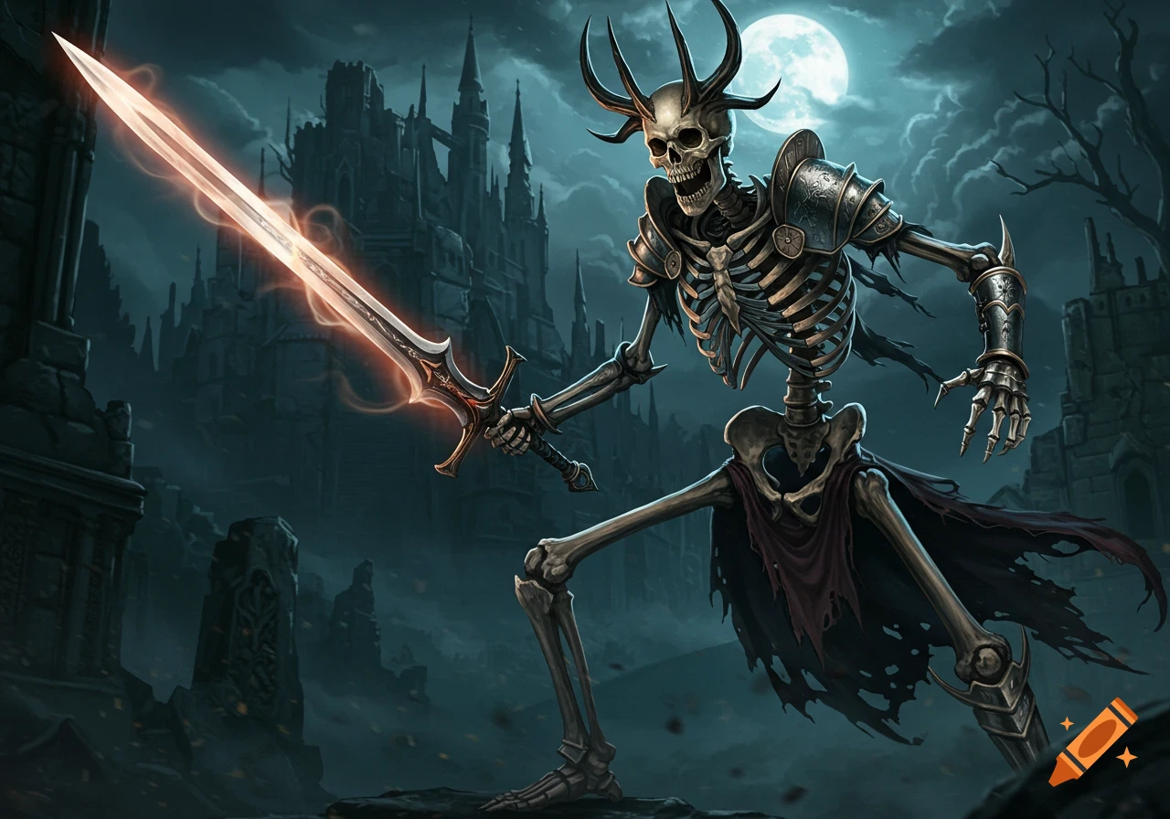 A skeleton knight in armor holds a glowing sword before a dark castle under a full moon.