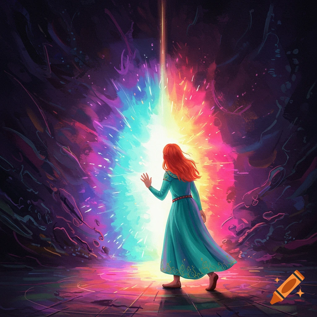 A person stands before a colorful portal of light in a dark, abstract space, reaching out.