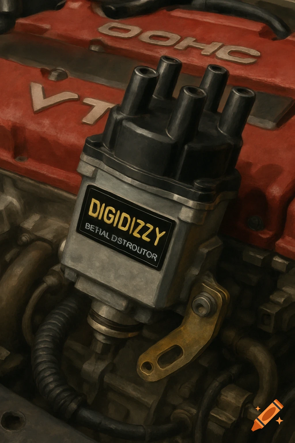 Close-up of a black distributor on a red engine block.