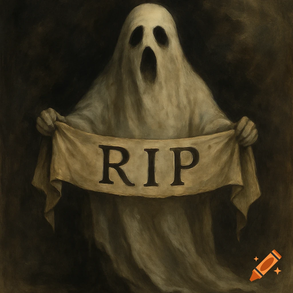 Ghost in a sheet holding a banner with RIP text, dark painterly style.