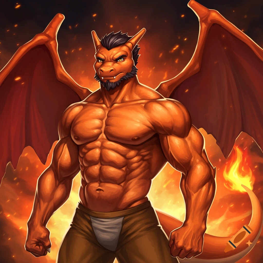 Muscular anthropomorphic Charizard standing in front of a fiery background.
