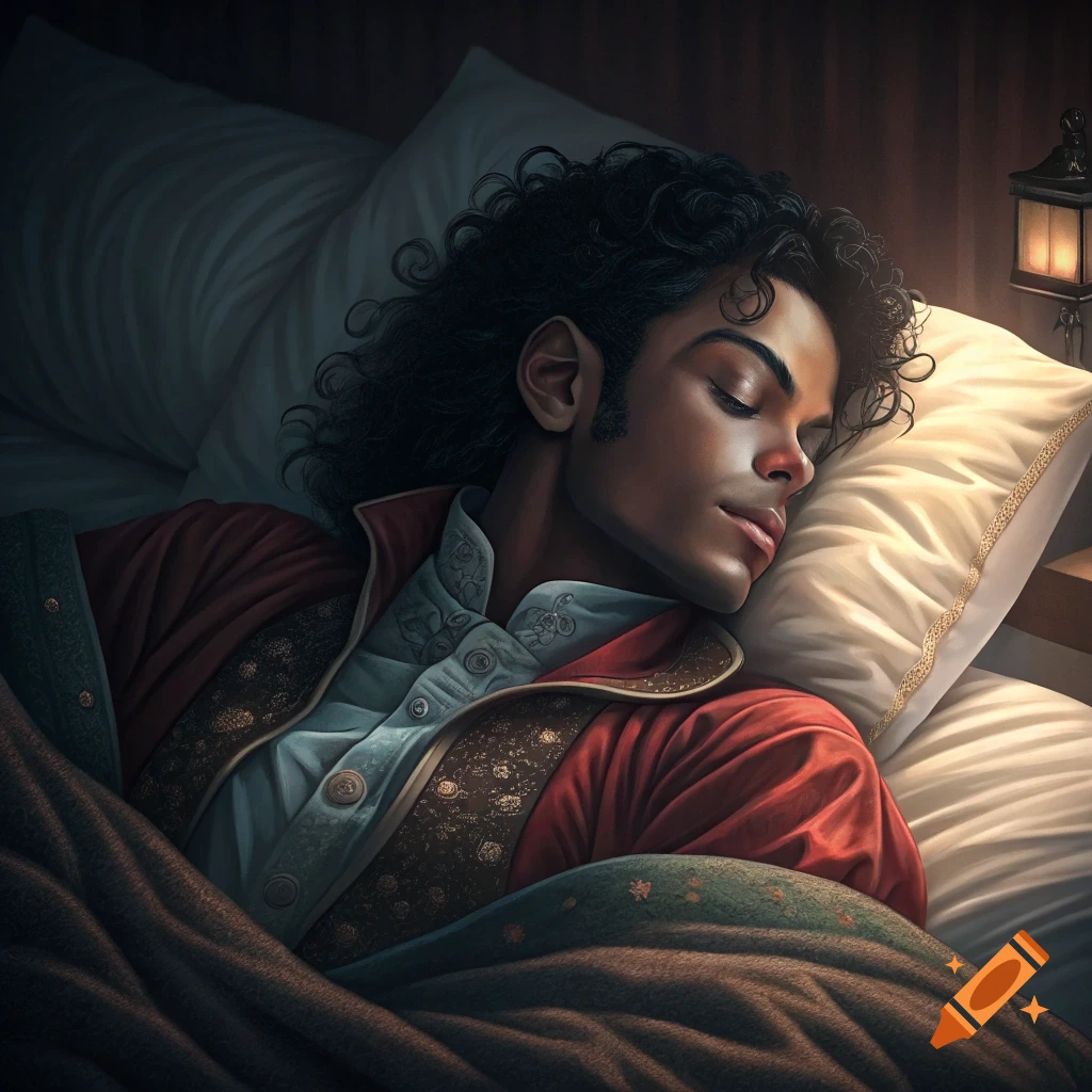 A person resembling Michael Jackson sleeps peacefully in a bed, lit by a bedside lamp.