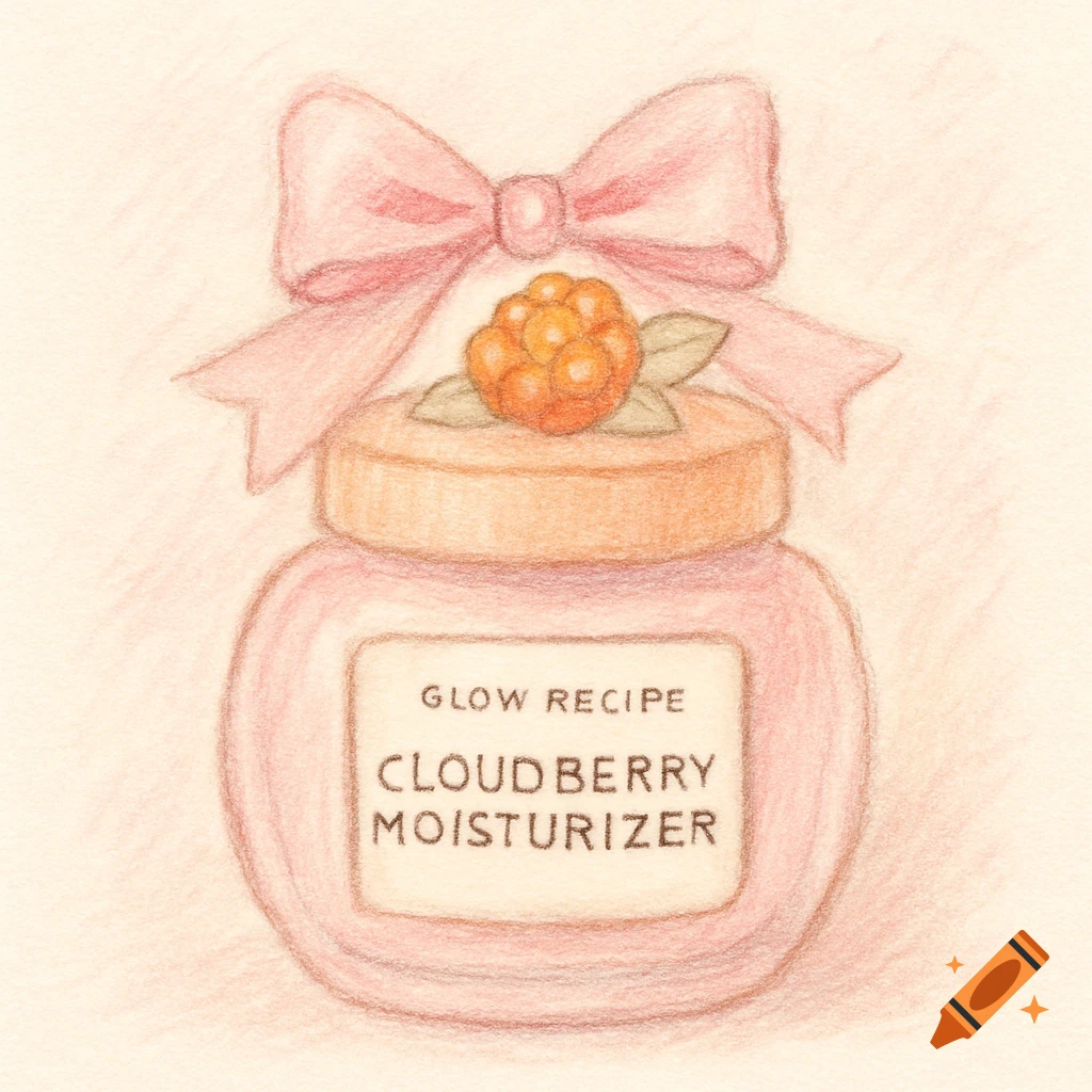 Hand-drawn pastel sketch of a pink jar of Glow Recipe Cloudberry Moisturizer with a bow.