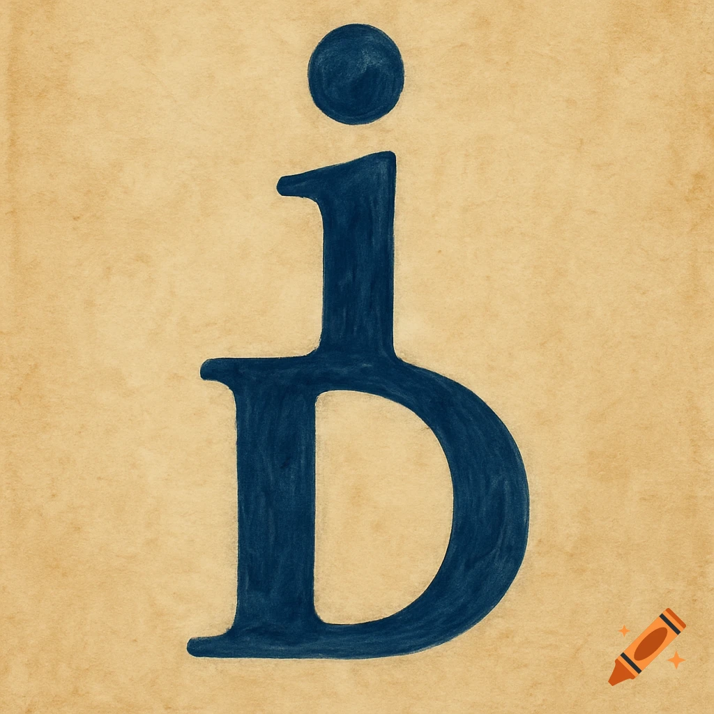 A stylized letter combining a lowercase 'i' and capital 'D' shape in dark blue on a textured beige background, in a drawing style.