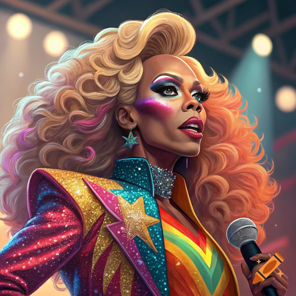 Drag queen on stage in sparkling costume and makeup, holding a microphone.