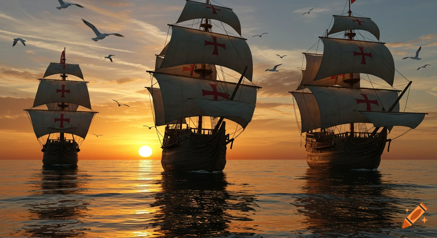 Three Portuguese ships sail into a golden sunset with seagulls flying overhead.