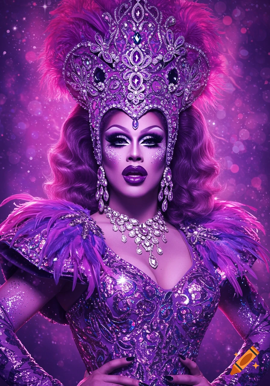 Portrait of a drag queen in elaborate purple feathered headdress, sparkly makeup, and dazzling sequined costume.