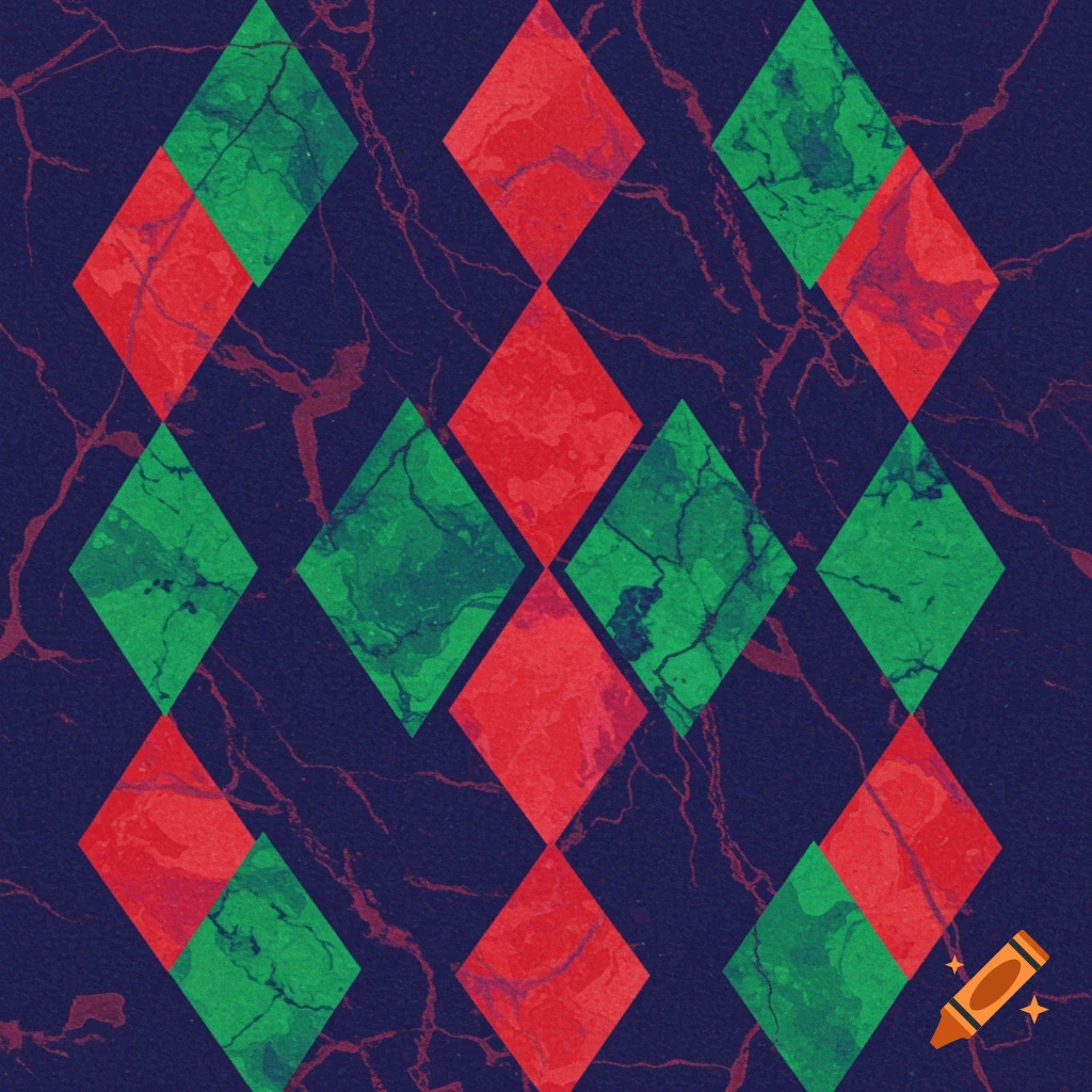 A pattern of red and green diamonds with marble texture on a dark background.