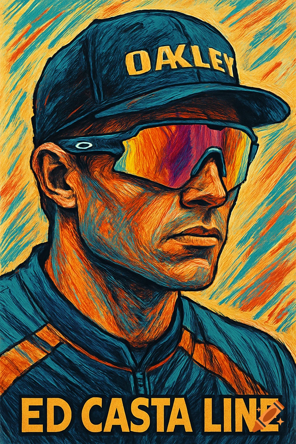 Stylized portrait of a man wearing an Oakley cap and sunglasses, with 'ED CASTA LINE' text.