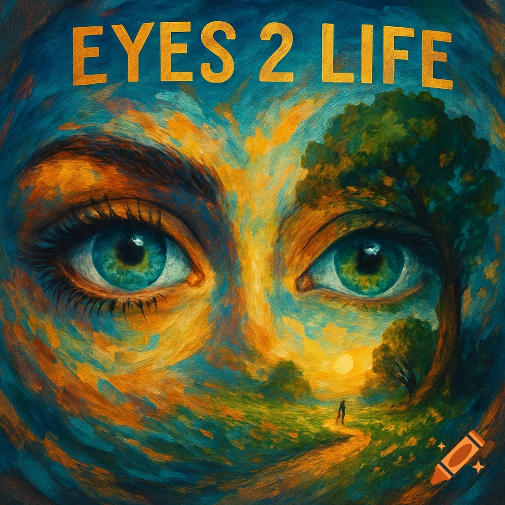 Surreal painting of eyes with a landscape including trees, a figure, and a sunset reflected within, with text 'EYES 2 LIFE'.