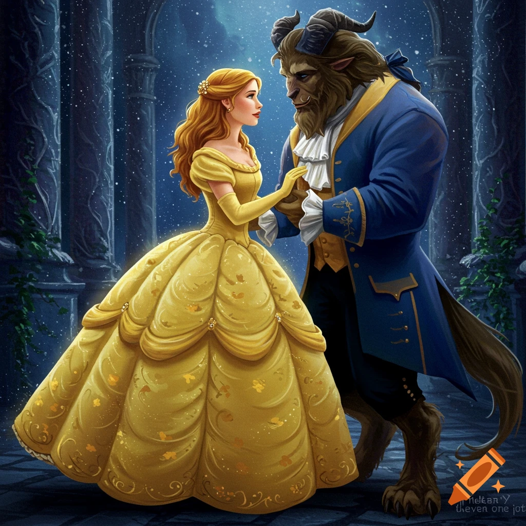 Belle in a yellow dress dances with the Beast in a blue coat in a castle ballroom, painted style.