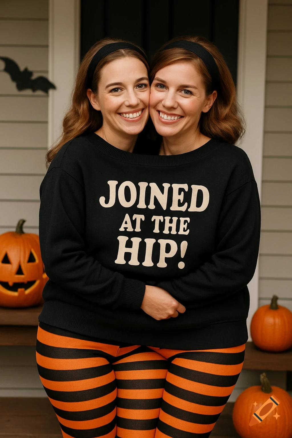 Two women sharing a large sweatshirt with 'JOINED AT THE HIP!' text and striped tights, next to Halloween pumpkins.