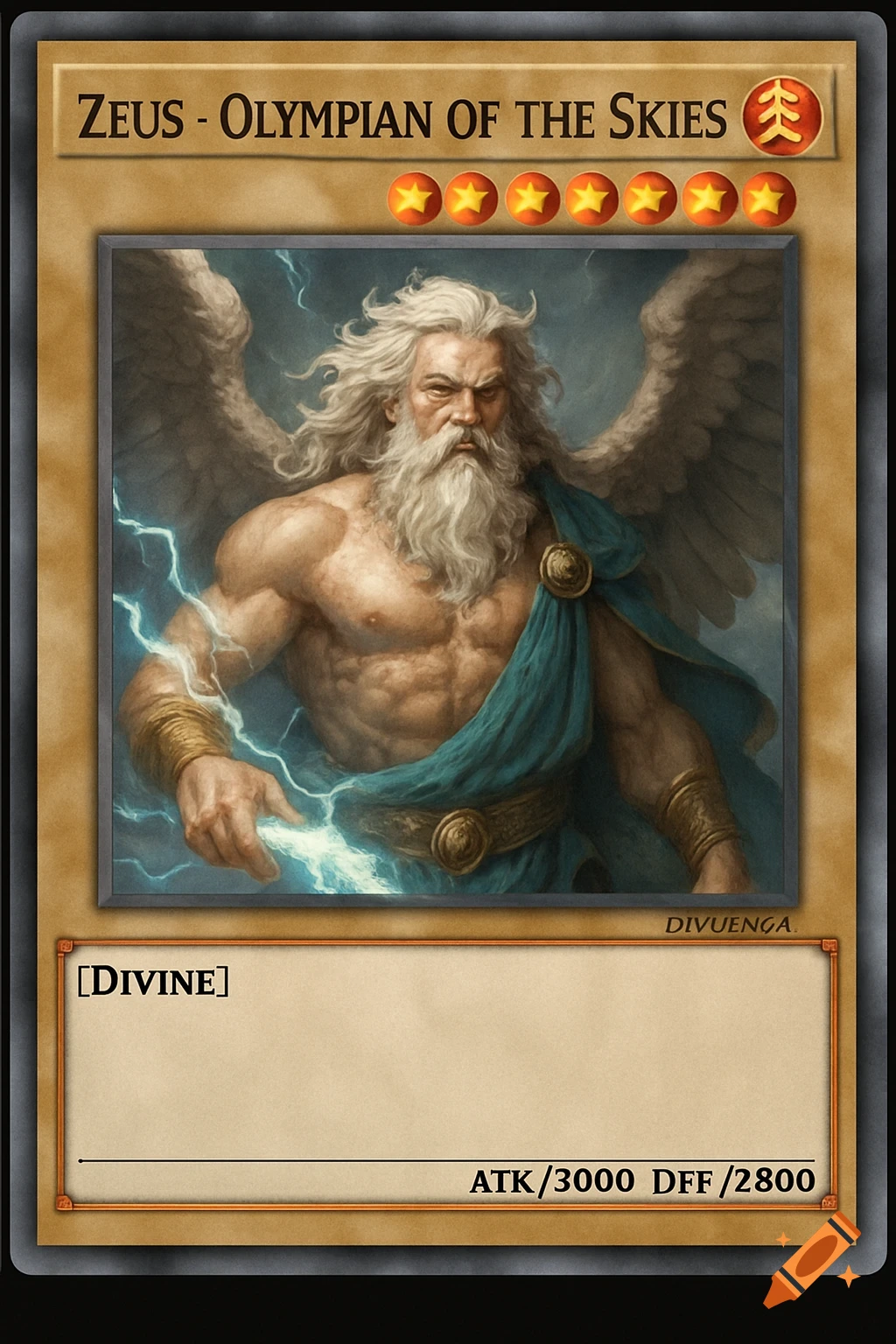 Trading card art of Zeus, a muscular bearded man with wings wielding lightning.