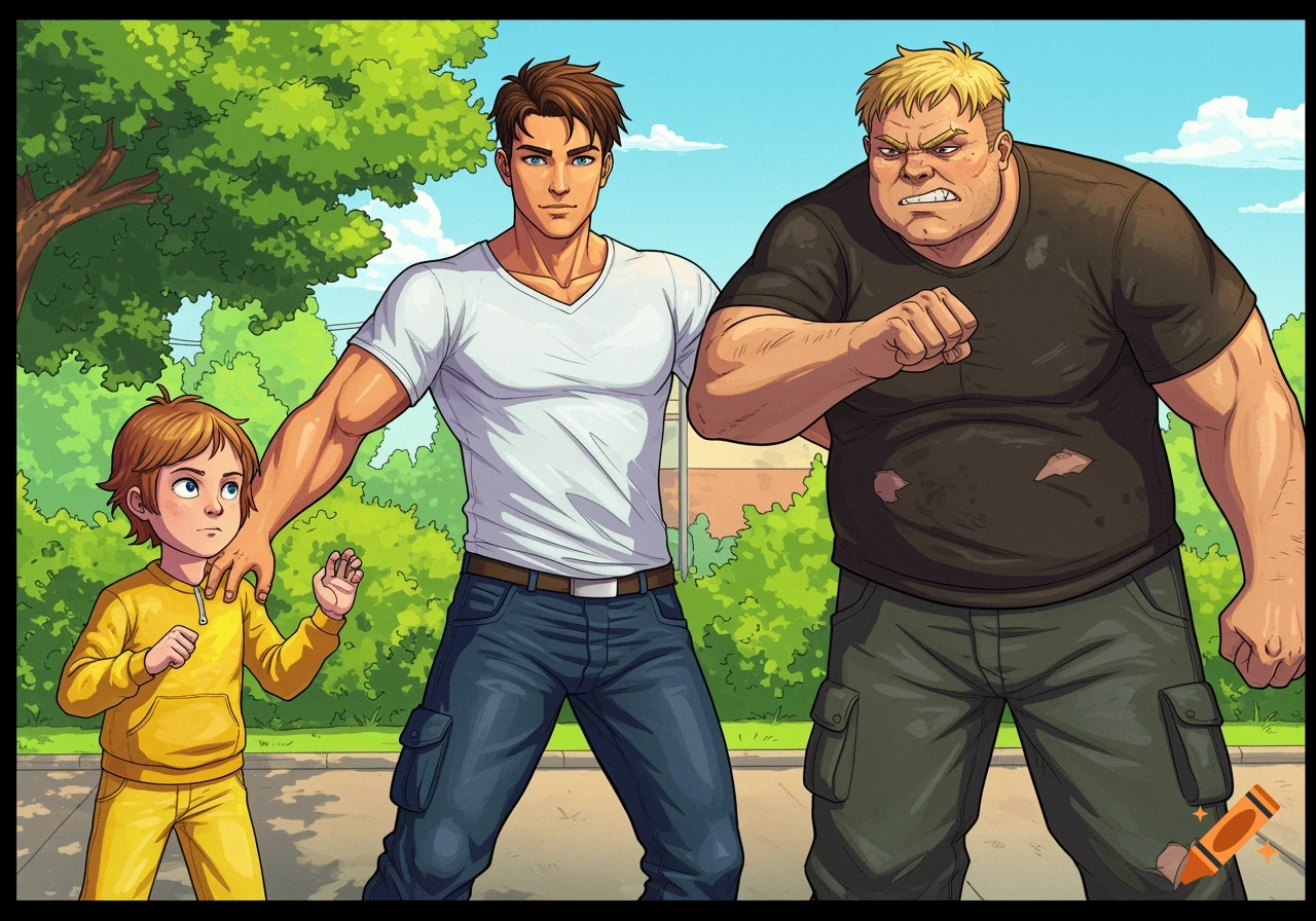 A man protects a child from a bully in a park, cartoon style.