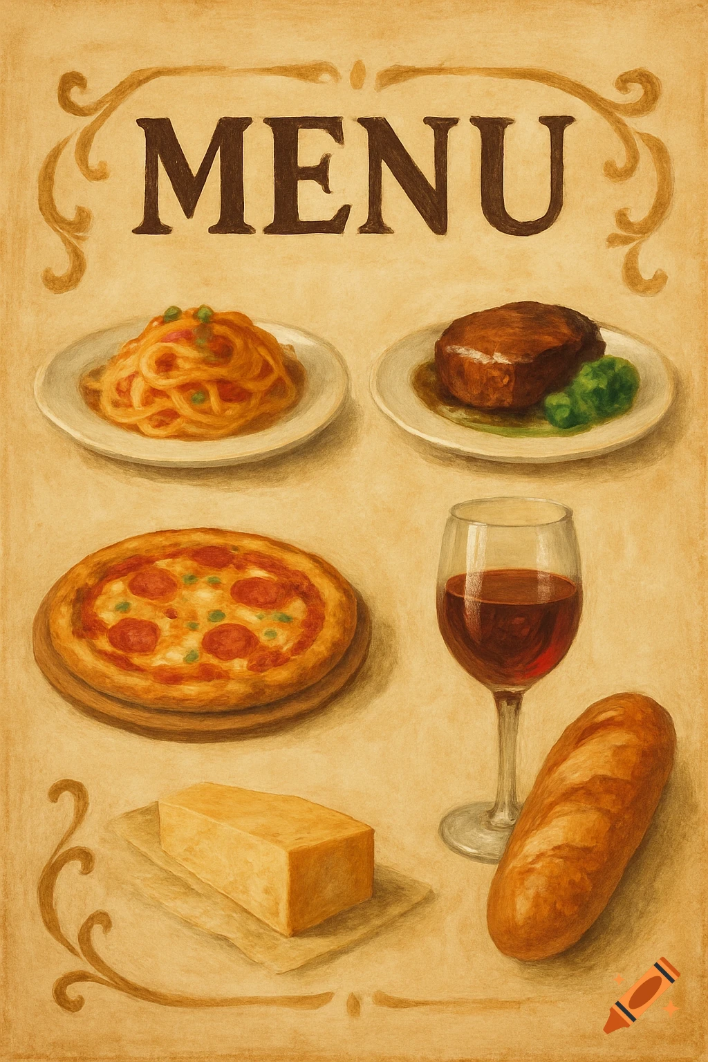Vintage-style illustration of a menu with spaghetti, steak, pizza, cheese, bread, and wine.