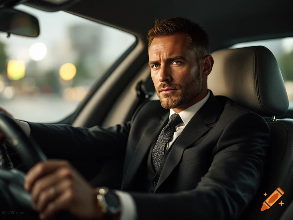 Photorealistic portrait of a man in a black suit driving a car.
