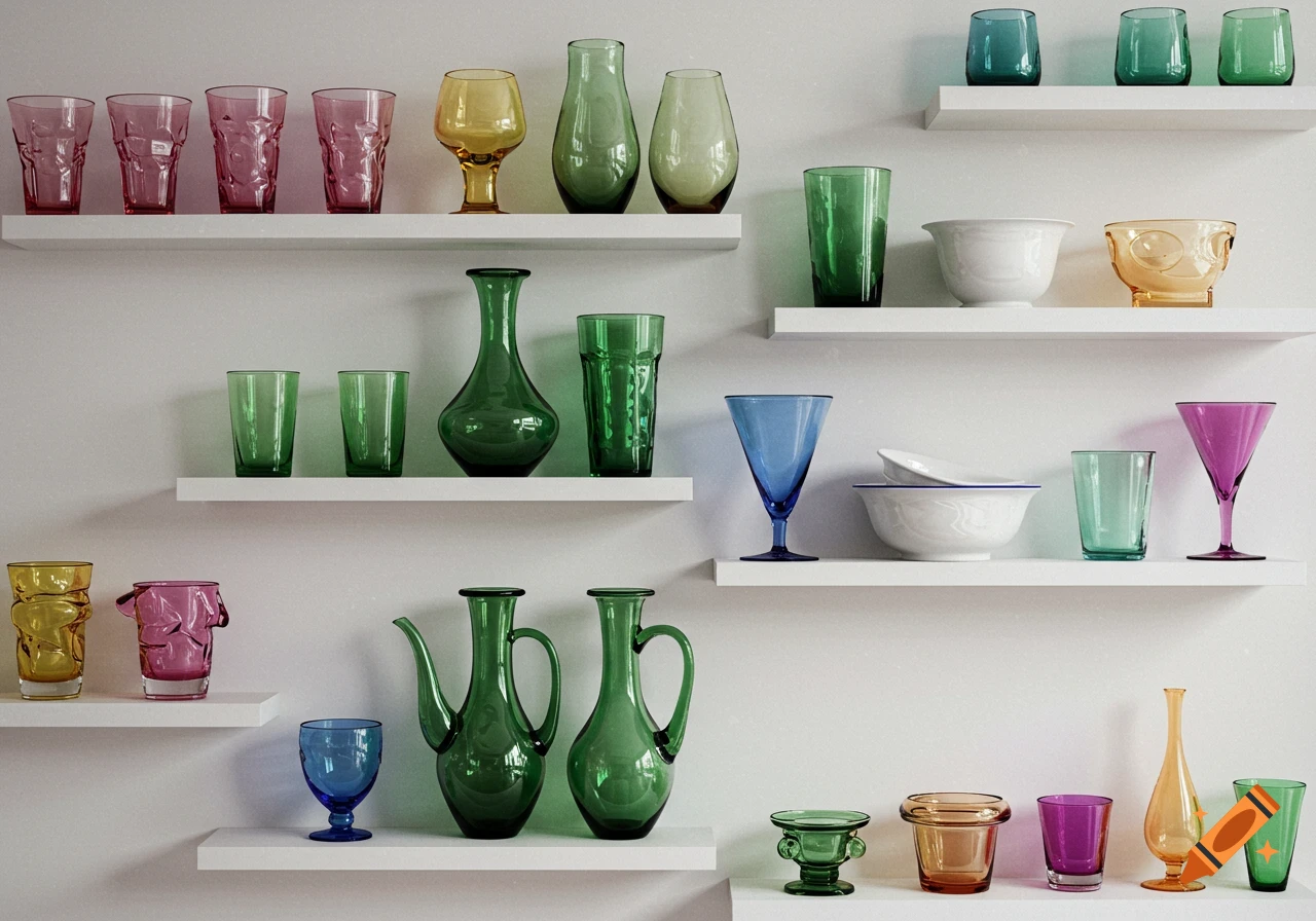 Shelves filled with colorful glass vases, drinking glasses, and bowls.