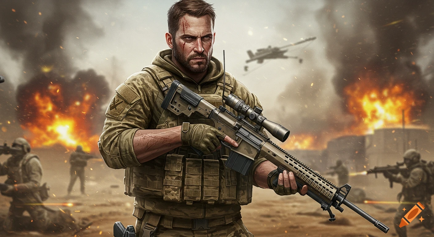 Soldier in tactical gear holding a sniper rifle in a warzone