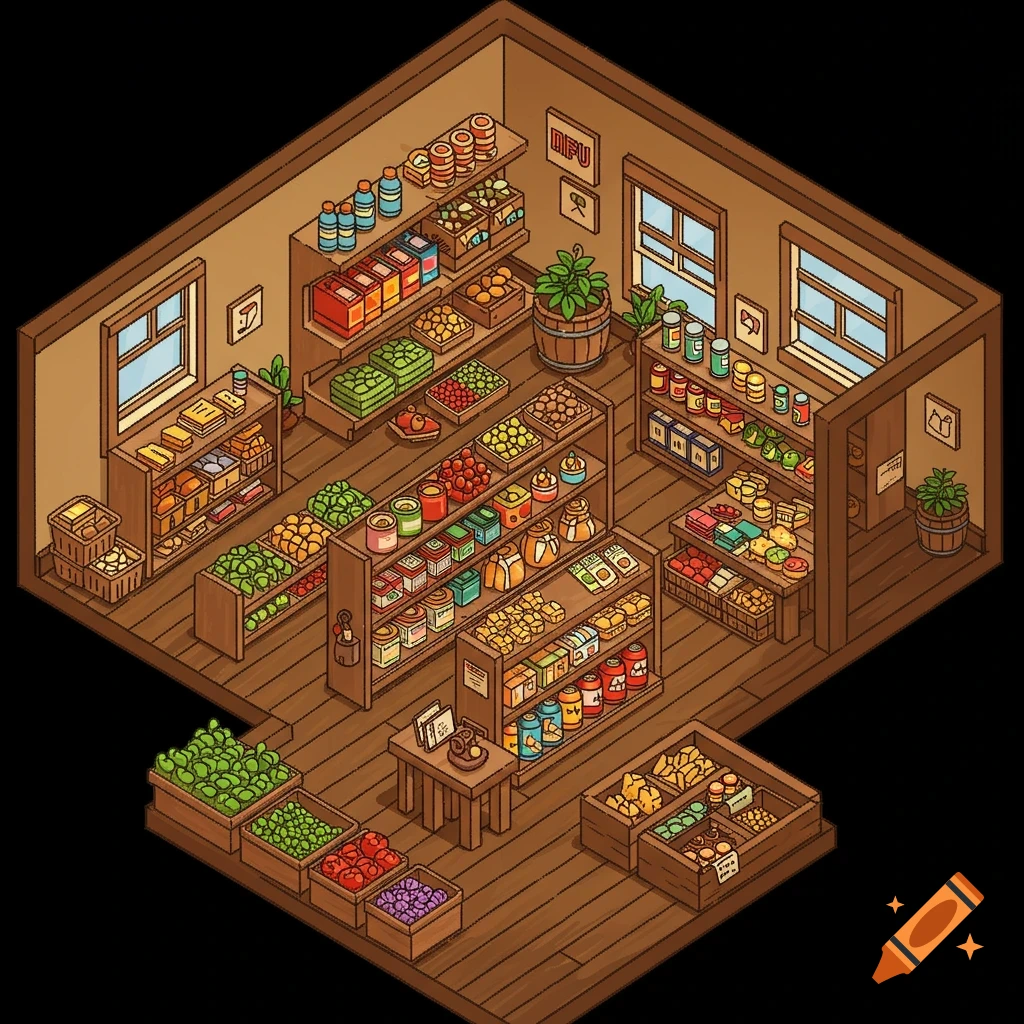An isometric view of a cozy pixel art grocery store interior with shelves full of products.