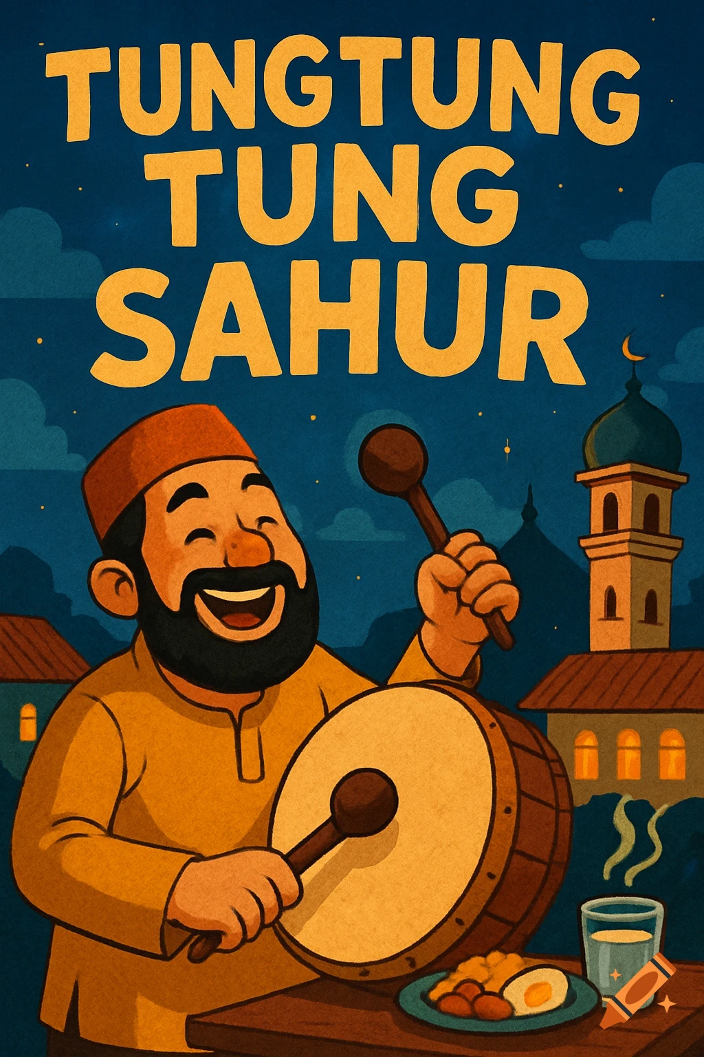 Illustration of a cartoon man playing a drum for Sahur next to a mosque and food.