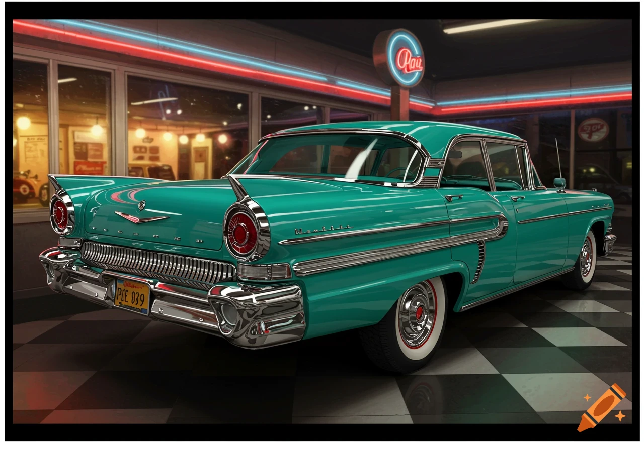 Teal 1957 Mercury car parked in a diner with neon lights and checkerboard floor.