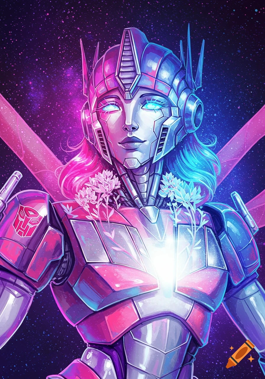 Feminine robot with glowing eyes and shoulder logo, set against a purple and pink starry nebula background, digital art style.