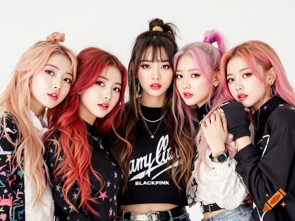 Five young women, members of a Kpop group, pose together