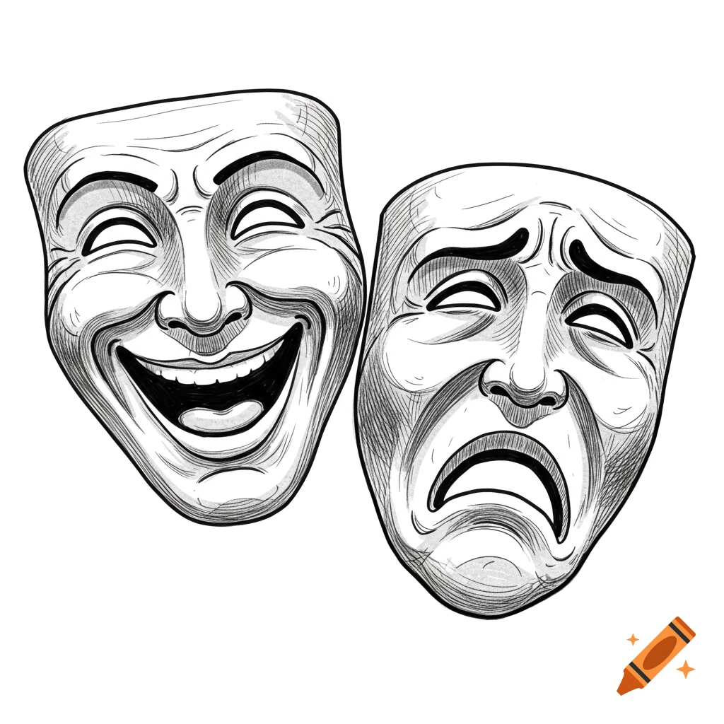 Black and white line drawing of comedy and tragedy theatre masks.