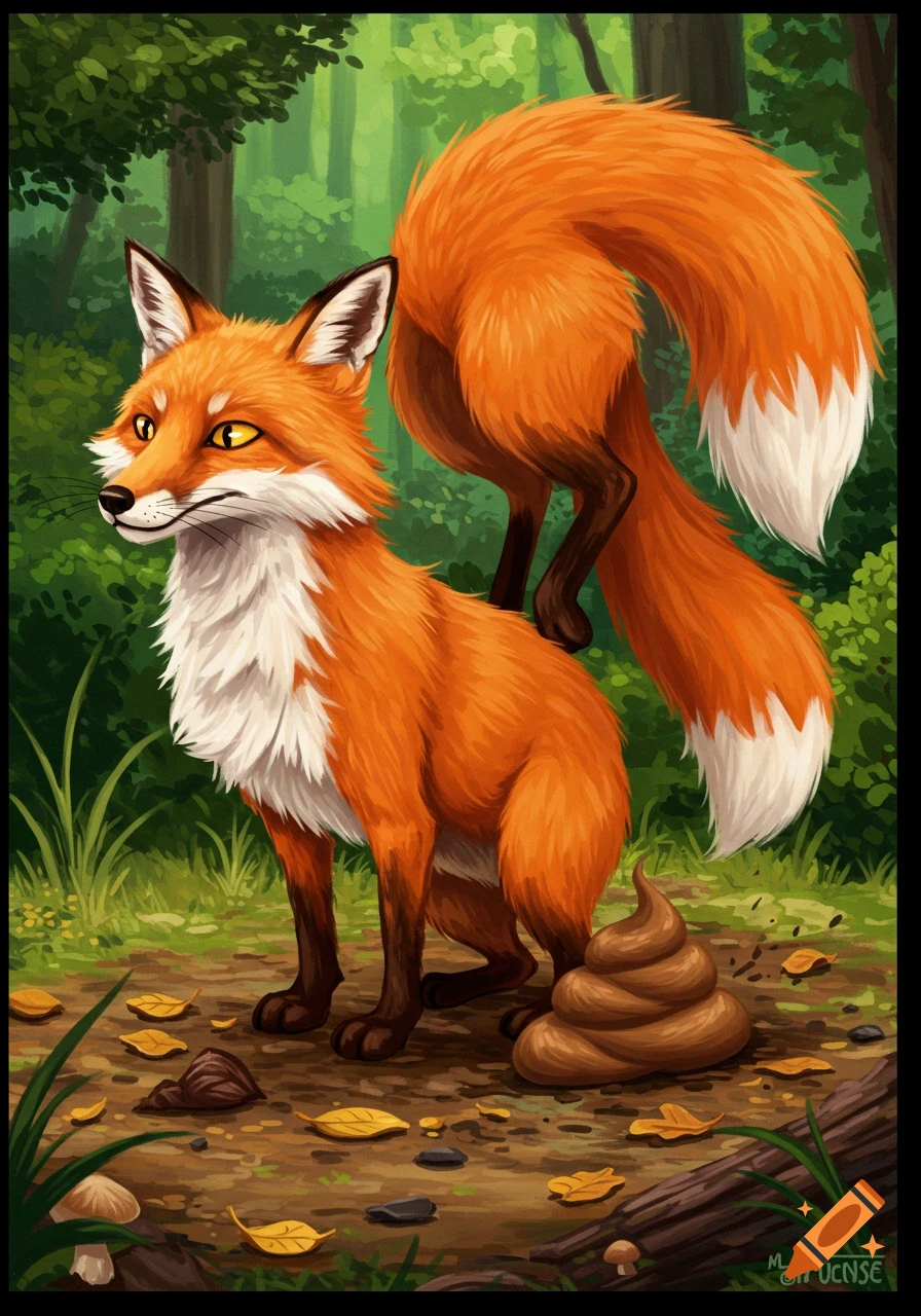 Stylized illustration of a red fox in a forest clearing near animal feces.