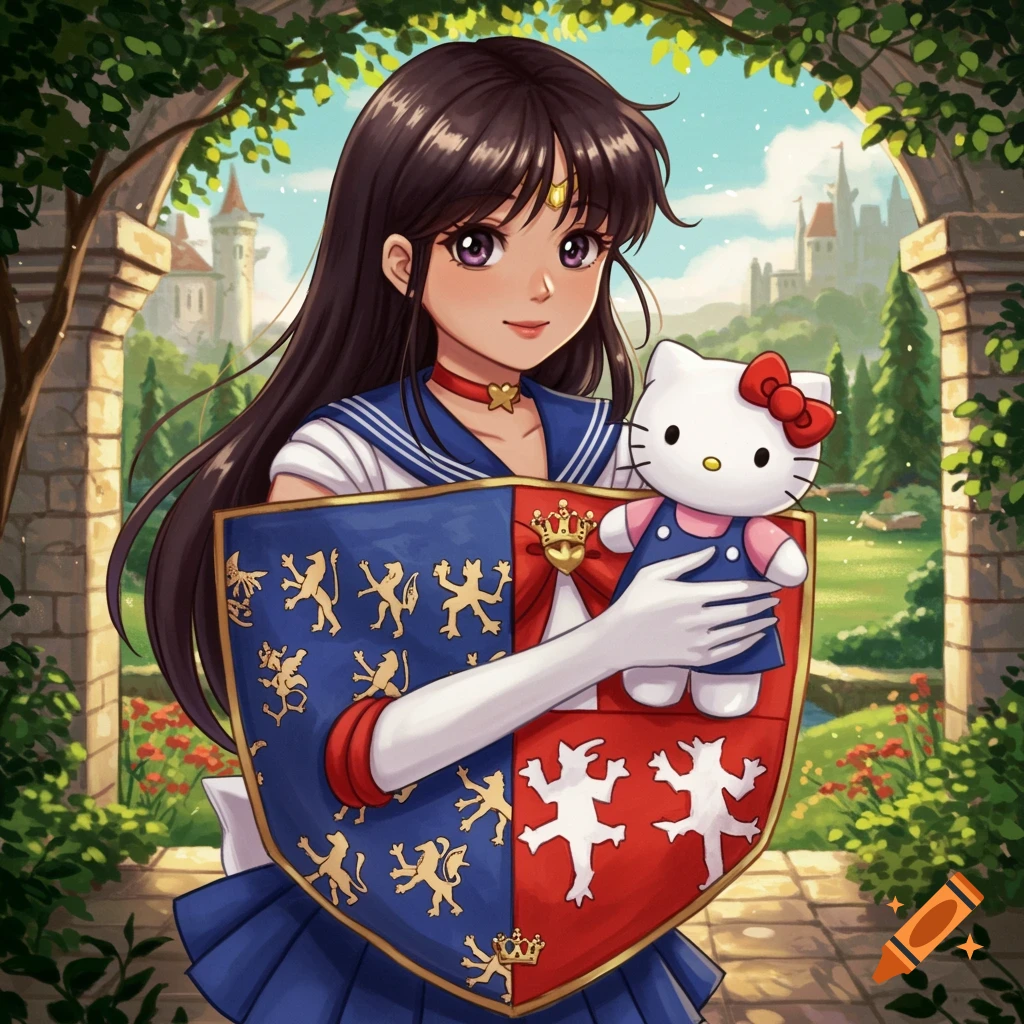 A person dressed as Sailor Moon holds a Hello Kitty doll and a coat of arms shield in a garden with a castle.