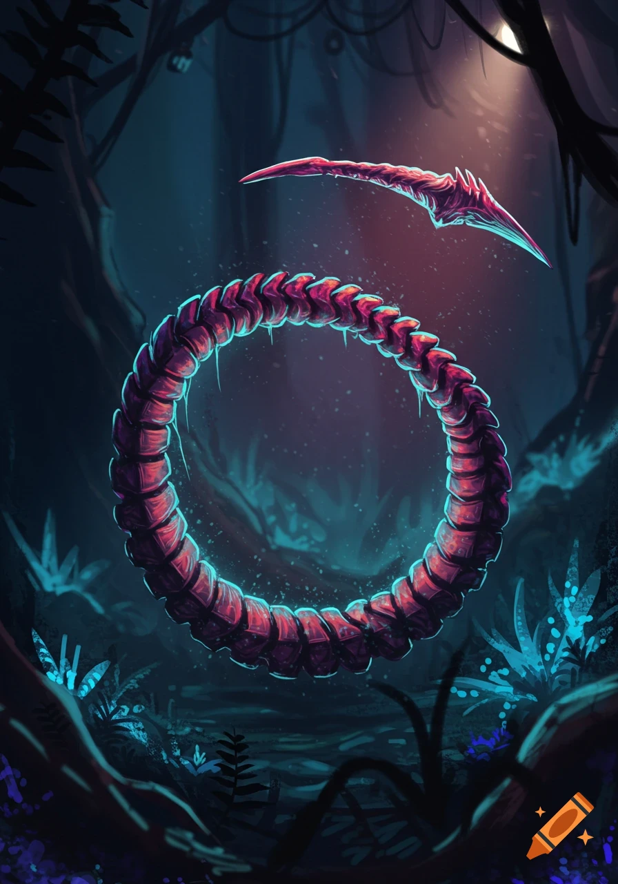 Segmented alien tail forms a circle in a dark, glowing alien forest.