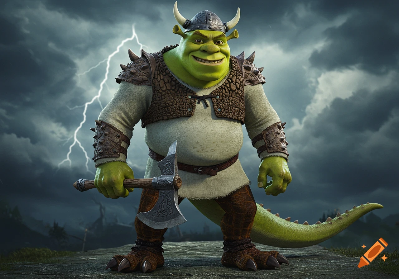 Shrek dressed as a viking with dinosaur features stands with an axe in a thunderstorm.