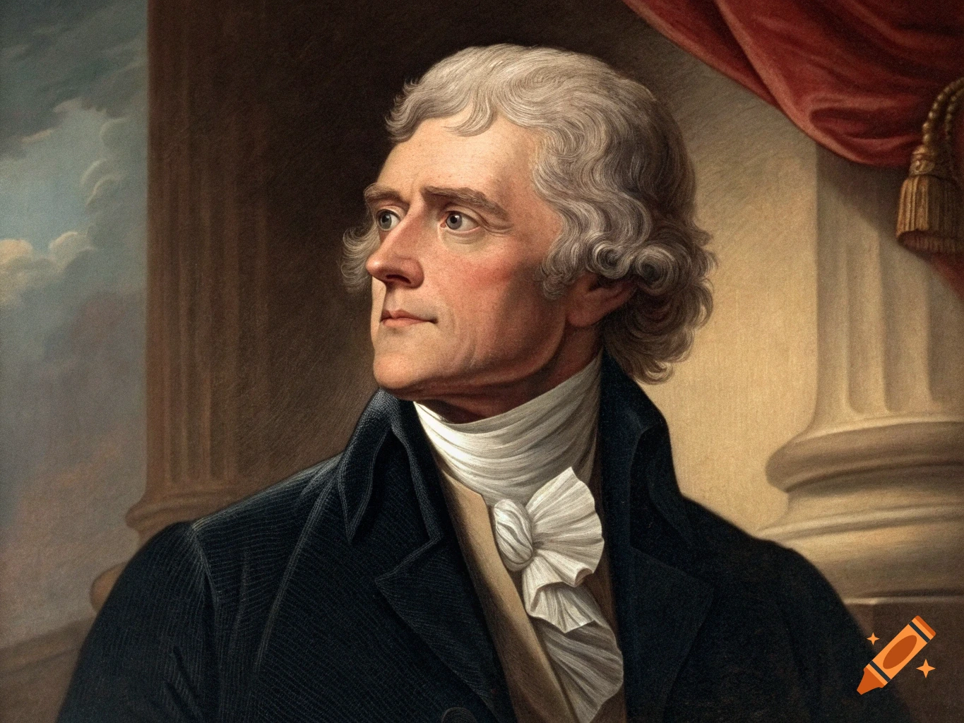 A portrait of Thomas Jefferson in a blue coat and white ruffled cravat.