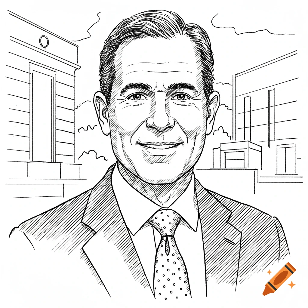 Line drawing portrait of a smiling man in a suit with buildings in the background.