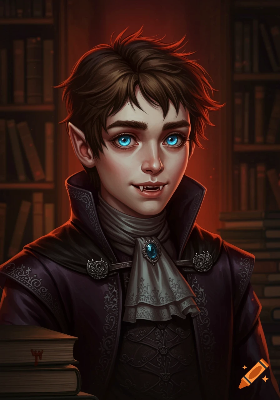Portrait of a vampire boy with bright blue eyes and fangs, standing in a library.