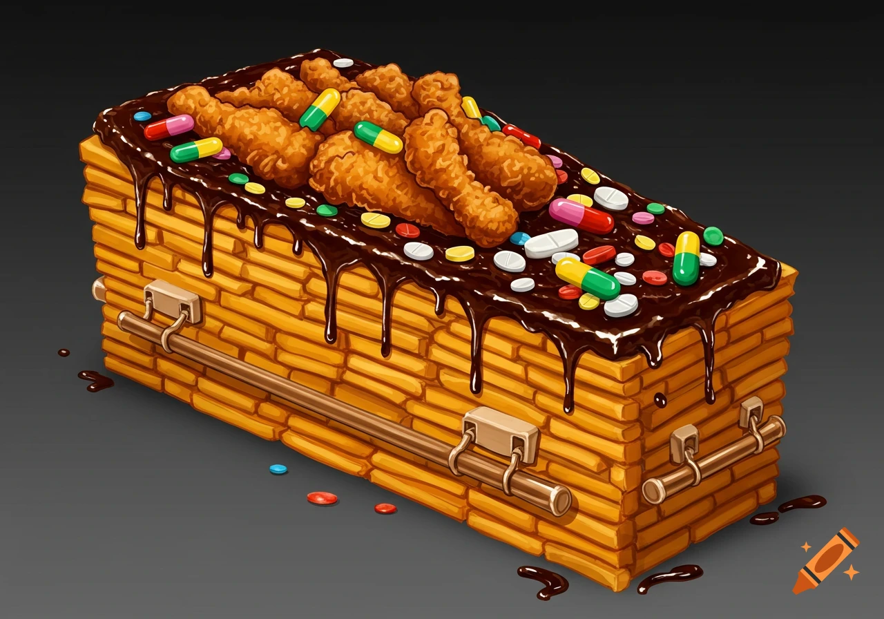 An illustration of a coffin made of french fries, topped with fried chicken, chocolate sauce, and various pills.