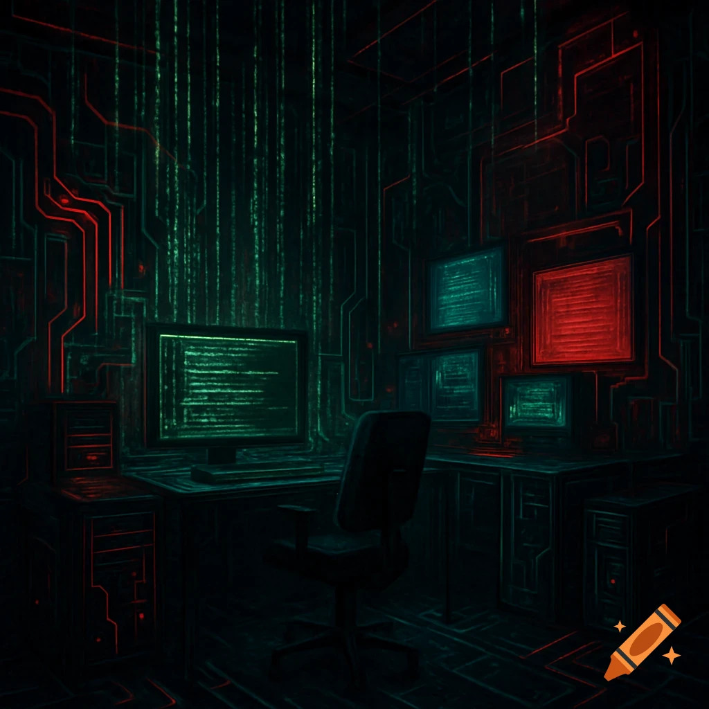 A dark cyberpunk computer lab with glowing green matrix code rain and red circuit lines.