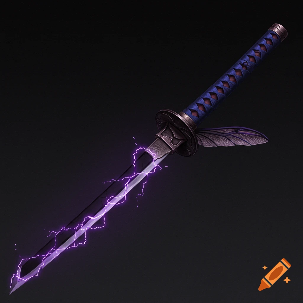 A sleek dark katana with violet lightning crackling along the blade.